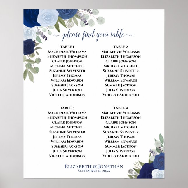 4 bord Blå Boho Blommig Bröllopsplatskarta Poster (Framsidan)