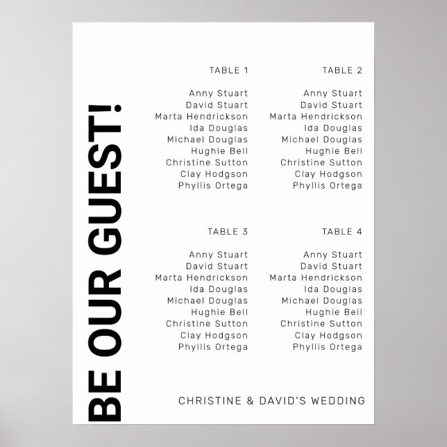 4 bord Enkel Vit Bröllops sittplatskarta Poster (Framsidan)