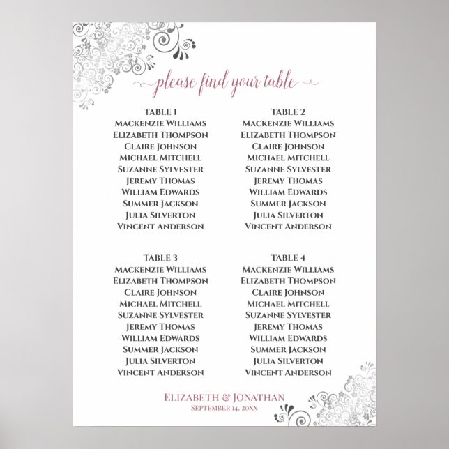 4 Bord Frills Bröllop-sätesdiagram Ro på vitt Poster (Framsidan)