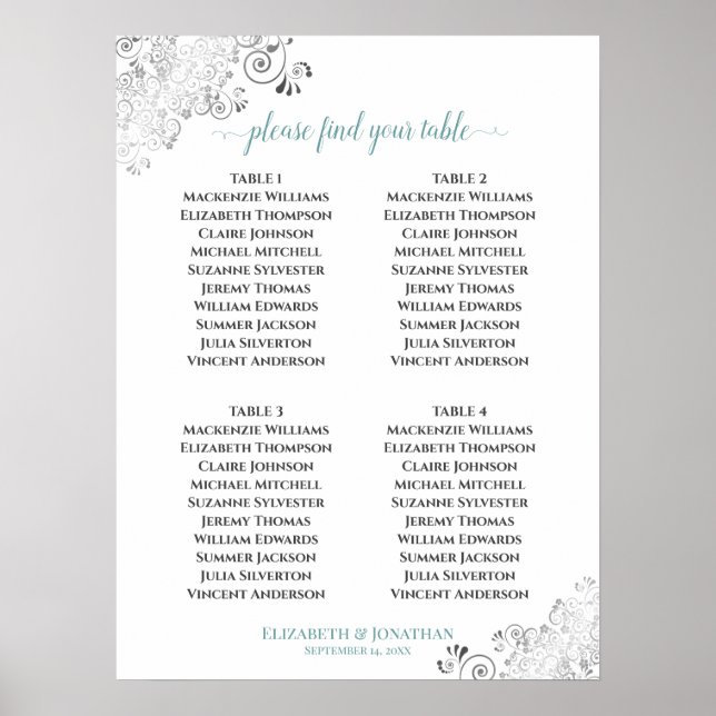 4 Bord Frills-Bröllop-sätesskalan på vitt Poster (Framsidan)
