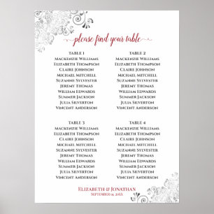 4 Bord frilly Bröllop, rödvit sittplatta i Poster