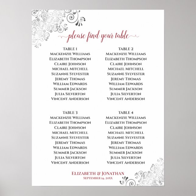 4 Bord frilly Bröllop, rödvit sittplatta i Poster (Framsidan)