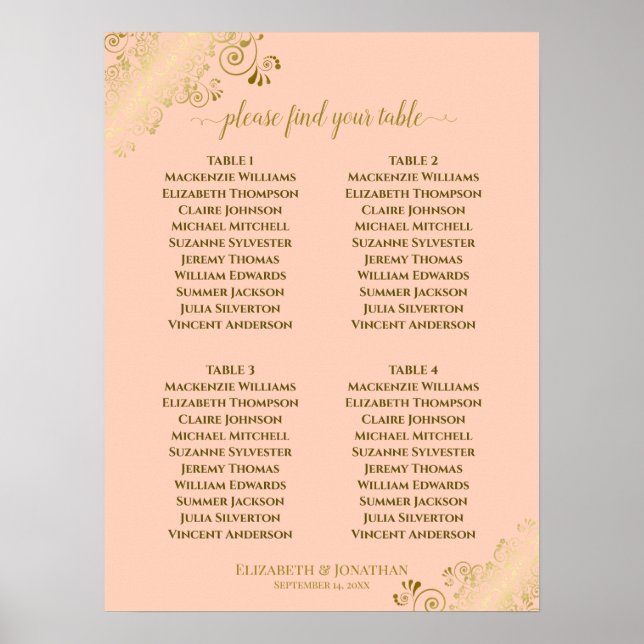 4 Bord korallpersika och sätesdiagram för Guld Brö Poster (Framsidan)