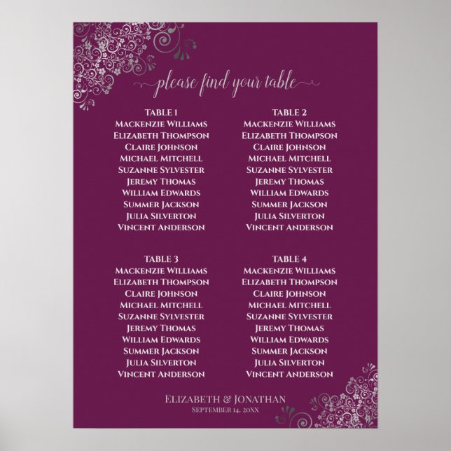 4 Bord Lacy Grått Bröllop-sätesscheman Cassis Poster (Framsidan)