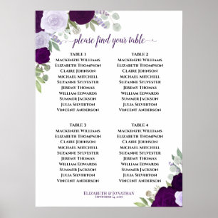 4 Bord Lila Rosor Elegant Bröllopsplatskarta Poster