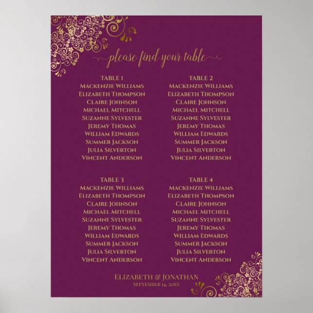 4 bord Magenta Plommon & Guld Bröllopsställning Poster (Framsidan)