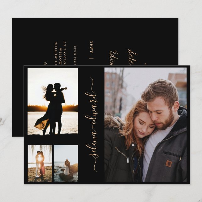 4 Bröllop i Photos Grid Black Guld Inbjudningar (Fram/baksida)