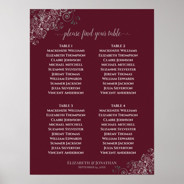 4 Burgundy över sittplatserna Silver Lacy Bord Brö Poster (Framsidan)