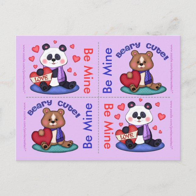 4 Cute Nalle Valentine Flat Cards Helg Vykort (Framsida)
