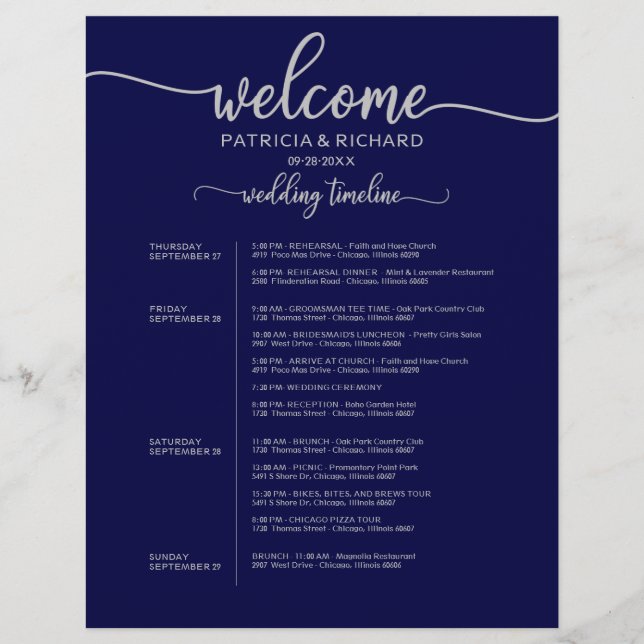 4 dagars bröllops itinerary tidslinje Navy Blue Si (Framsida)