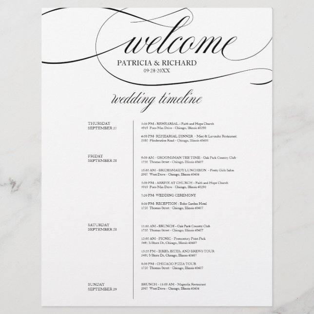 4 Dagars Bröllopsitinerary Elegant Svart Skrift (Framsida)