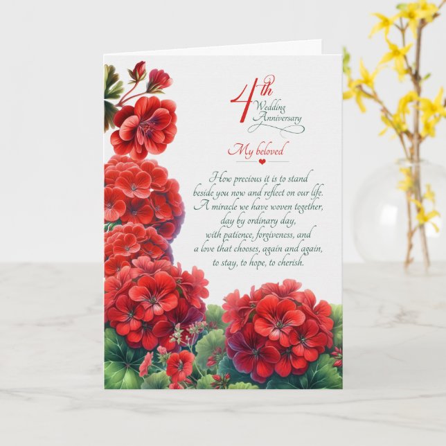 4:e års bröllopsdag Sentimentala Geraniumer Kort (Gul blomma)