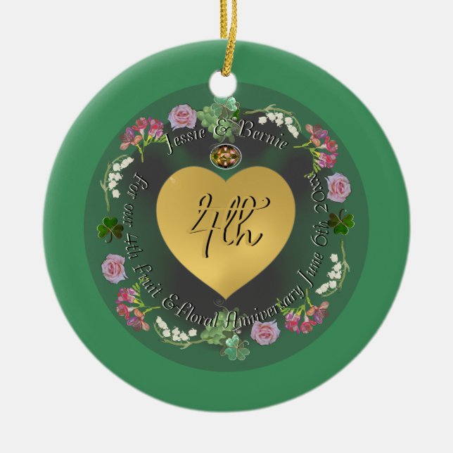 4:e årsdagen för frukt och Blommigt i Bröllop +Fot Julgransprydnad Keramik (Framsidan)
