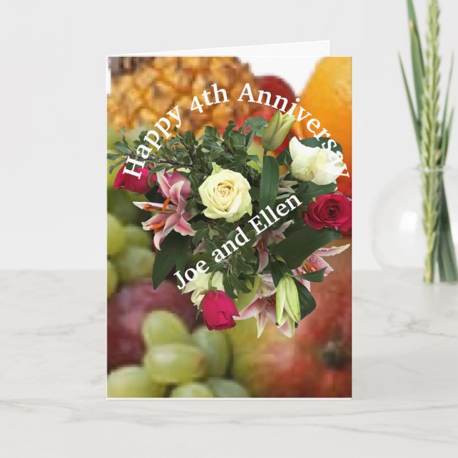 4:e årsdagen, frukt och blommor, kort (Framsida)