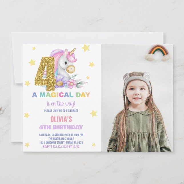 4:e Blommigten: Unicorn Birthday-inbjudningar med  Inbjudningar (Framsida)