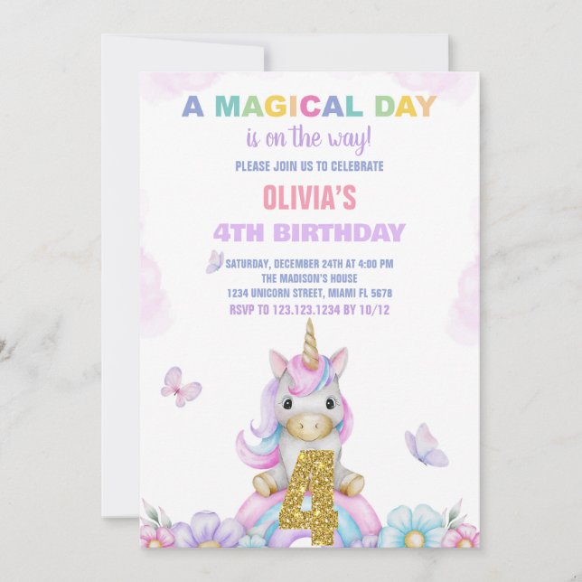 4:e Blommigtens jubiléer till Unicorn Birthday Inbjudningar (Framsida)