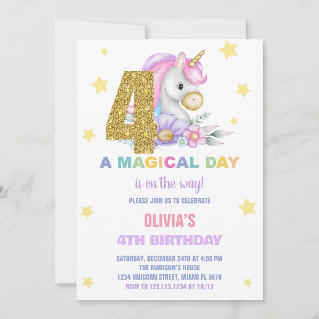4:e Blommigtens jubiléer till Unicorn Birthday Inbjudningar (Framsida)