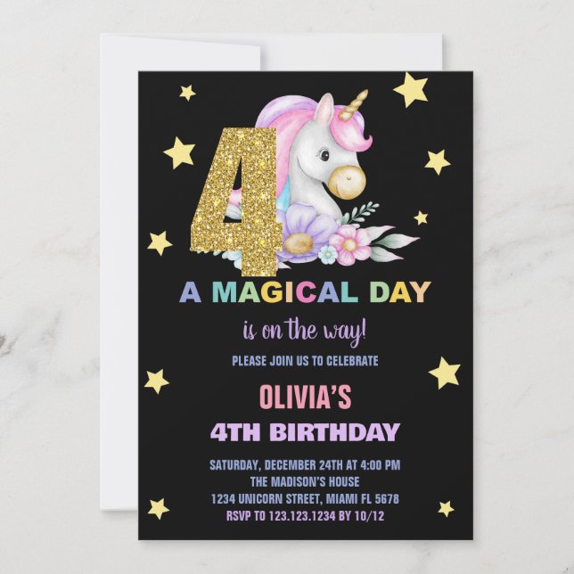 4:e Blommigtens jubiléer till Unicorn Birthday Inbjudningar (Framsida)