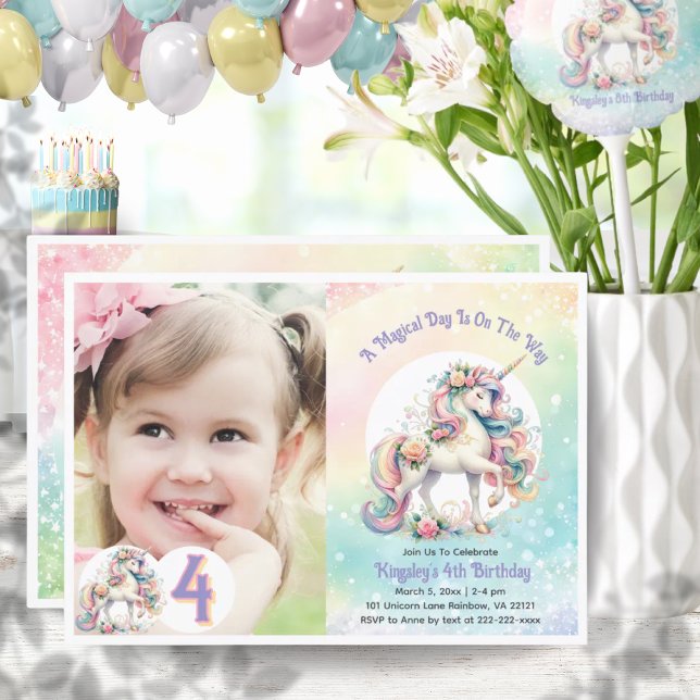 4:e fjärde Unicorn-Födelsedagsfesten Pastel Rainbo Inbjudningar (4th Fourth Unicorn Birthday Party Pastel Rainbow Invitation)