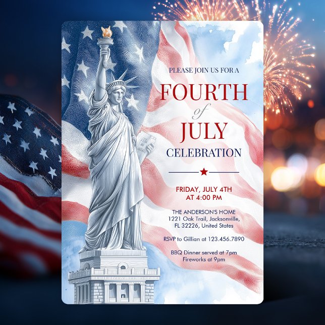 4:e Frihetsgudinnan i juli och illustration av USA Inbjudningar (July 4th Statue of Liberty & USA Flag Illustration Invitation)
