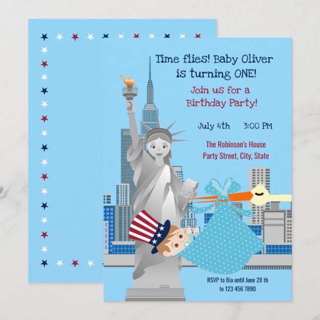 4:e juli 1:a födelsedagspartiets inbjudan (Fram/baksida)