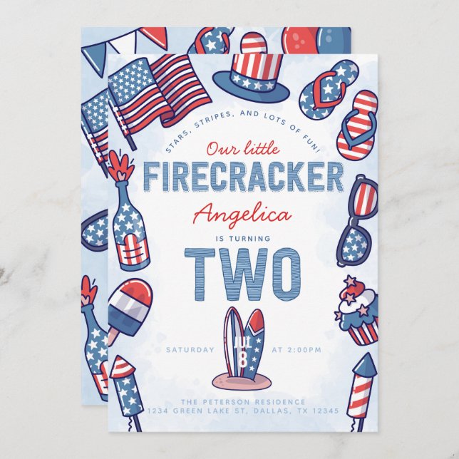 4:e juli 2:a födelsedagsinbjudan inbjudningar (Fram/baksida)