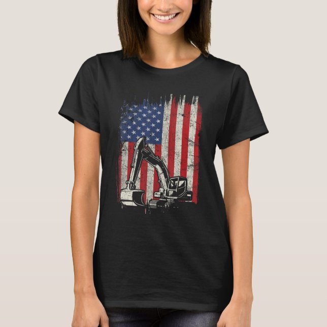 4:e juli American Flagga Construction Backhoe Exc T Shirt (Framsida)