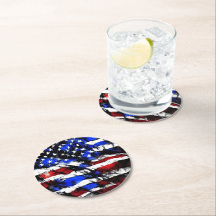 4:e juli: "American Flagga" Papper Underlägg Rund
