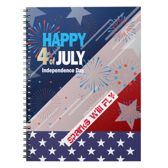 4:e juli American USA flagga Heart Flagga Firework Anteckningsbok (Framsidan)