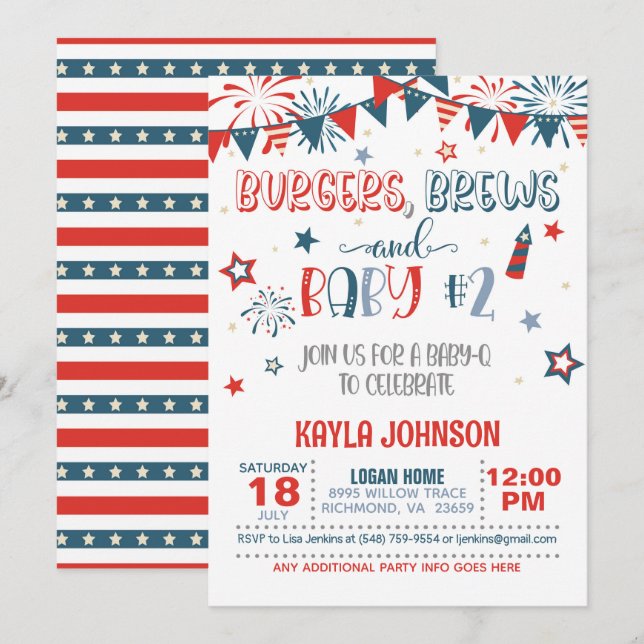4:e juli Baby Q Baby Shower - Baby 2 Inbjudningar (Fram/baksida)