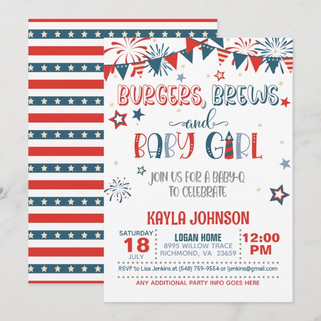 4:e juli Baby Q Baby Shower - Girl Inbjudningar (Fram/baksida)