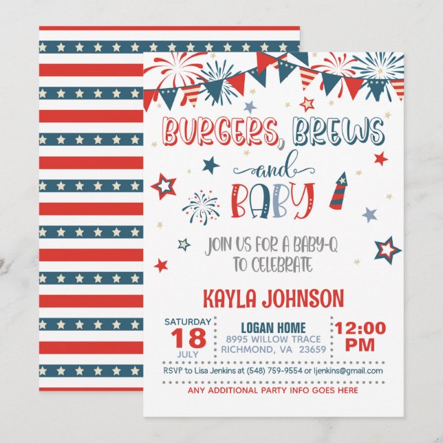 4:e juli Baby Q Baby Shower Inbjudningar (Fram/baksida)