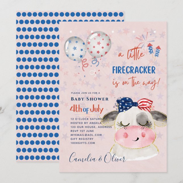 4:e juli BABY SHOWER INBJUDAN Firecracker Cow (Fram/baksida)
