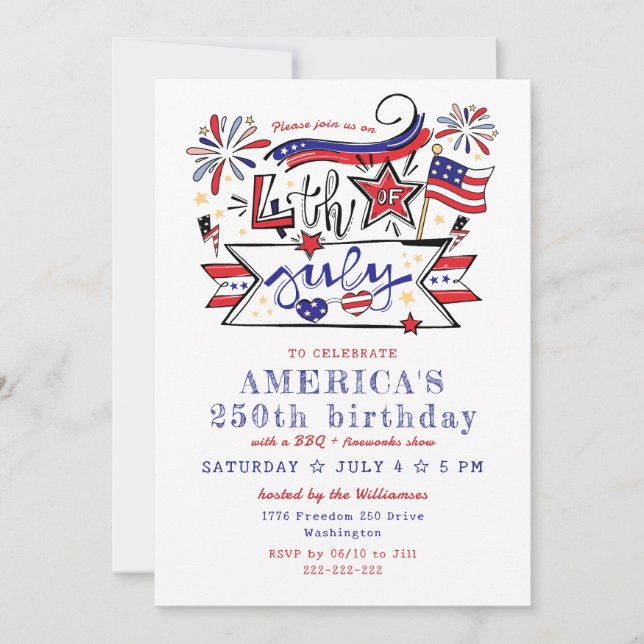 4:e juli Bakgårds BBQ & Eldshow Amerika 250 Inbjudningar (Framsida)