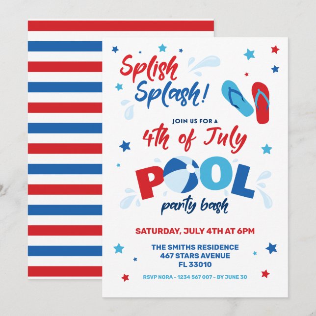4:e juli Bassäng-inbjudan Inbjudningar (Fram/baksida)
