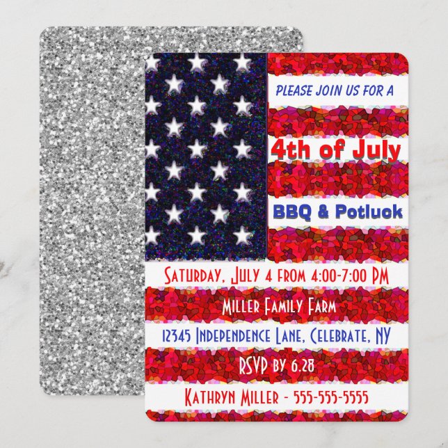 4:e juli BBQ & Potluck Inbjudningar (Fram/baksida)