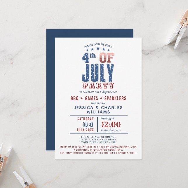  4:e juli Blue Red Stars Rand Inbjudningar (Fram/Back In Situ)