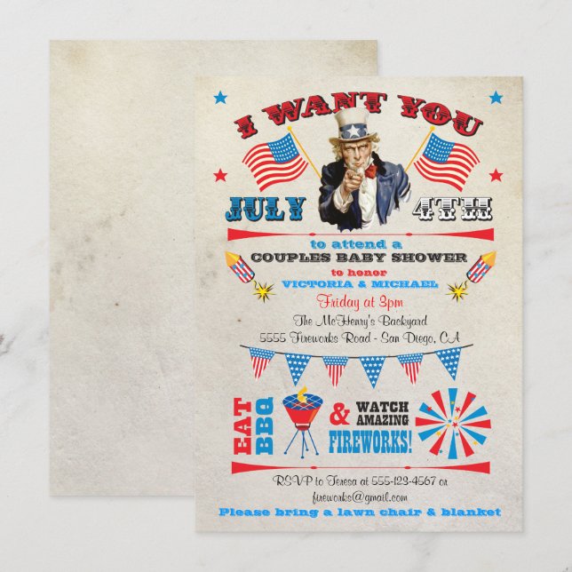 4:e juli: BQ Baby Shower-inbjudningar Inbjudningar (Fram/baksida)
