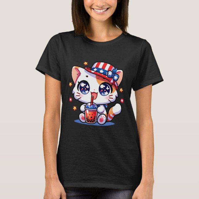 4:e juli: Cat Shirt Girls Kids Kawaii Anime Boba T Shirt (Framsida)