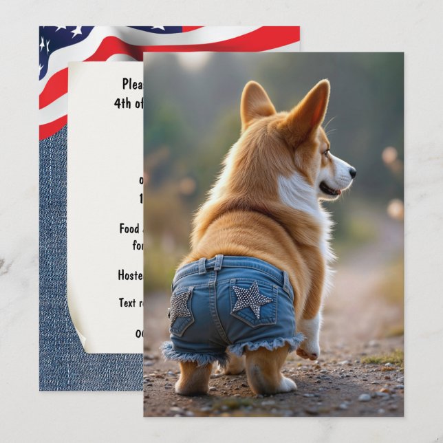 4:e juli Corgi Hund Inbjudningar (Fram/baksida)