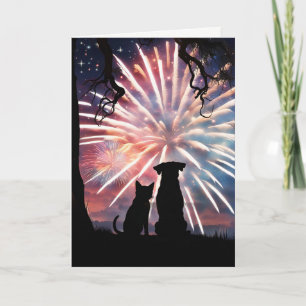 4:e juli Cute Hund and Cat Watching Fireworks Kort