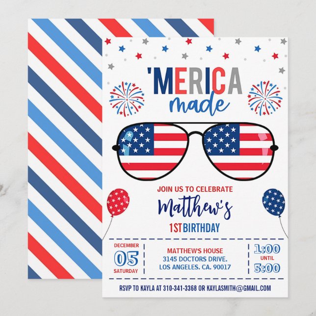 4:e juli-dagen-inbjudan, redigerbar Merica Inbjudningar (Fram/baksida)