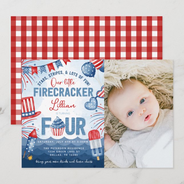 4:e juli Fireworks-Födelsedagsfesten Inbjudningar (Fram/baksida)