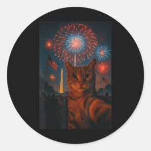 4:e juli Fireworks Patriotic Funny Cat Selfie M Runt Klistermärke