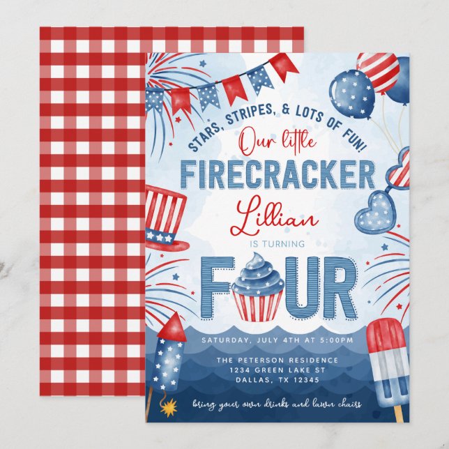 4:e juli Fireworks Turning FYUR Födelsedagsfest Inbjudningar (Fram/baksida)