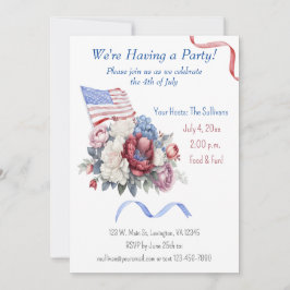 4:e juli: Flagga för Rött vitt blått Blommigtar Inbjudningar