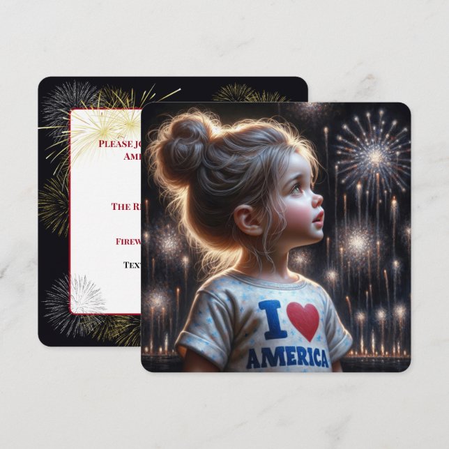 4:e juli-flickan som tittar på Fireworks Party Inbjudningar (Fram/baksida)
