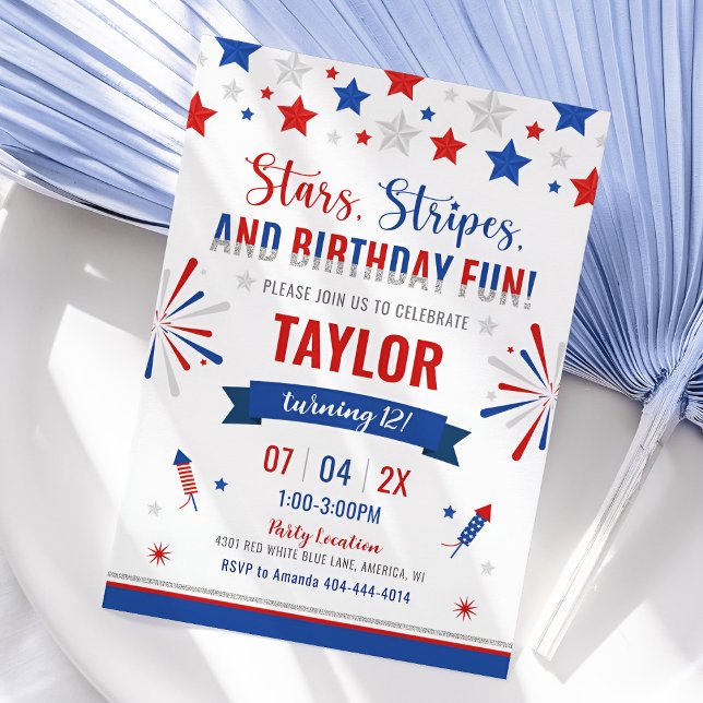 4:e juli födelsedag, röd vit och blå inbjudningar (4th of July Birthday Invitation)