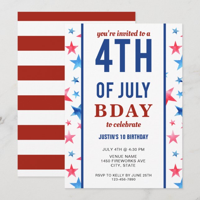 4:e juli-Födelsedagsfesten Patriotic Stars America Inbjudningar (Fram/baksida)