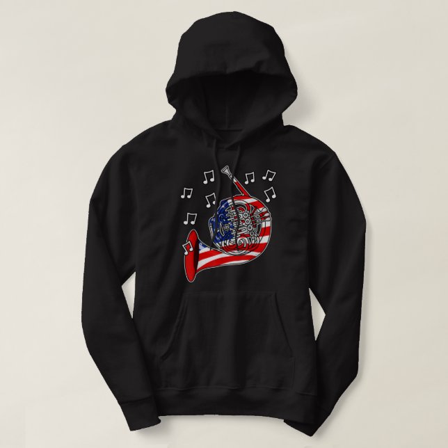 4:e juli-Fransken Horn American Flagga Brass Music Hoodie (Design framsida)
